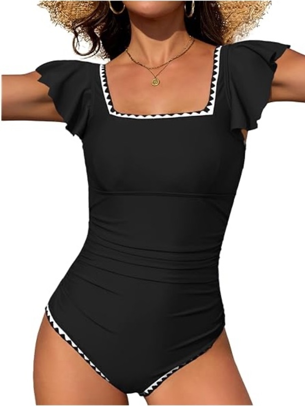 NWT- tummy control Black One-Piece Swimsuit with White Trim - Classic Style